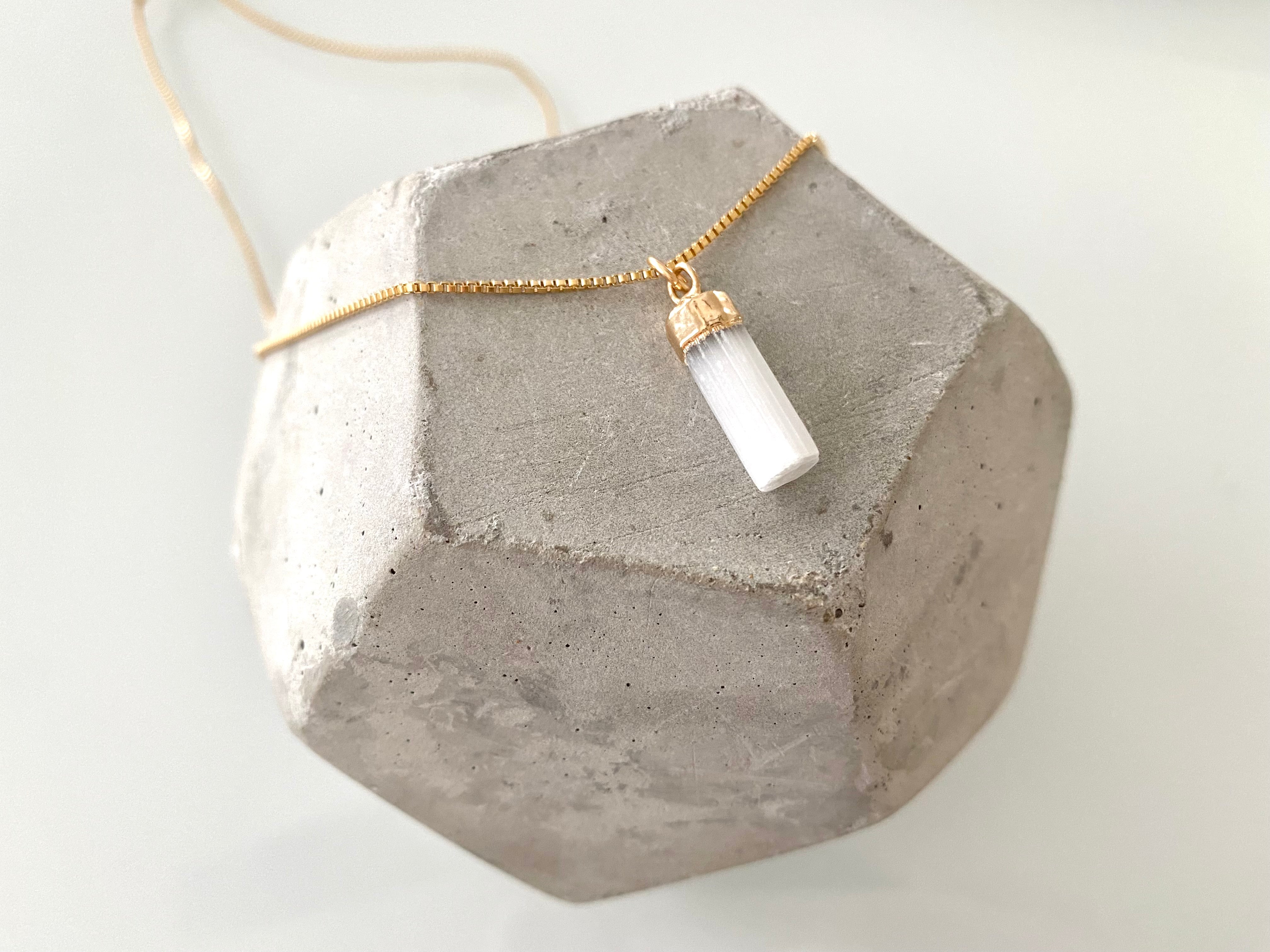 Dainty Raw Selenite Pendant Necklace - Gold Chain - Small Crystal Charm