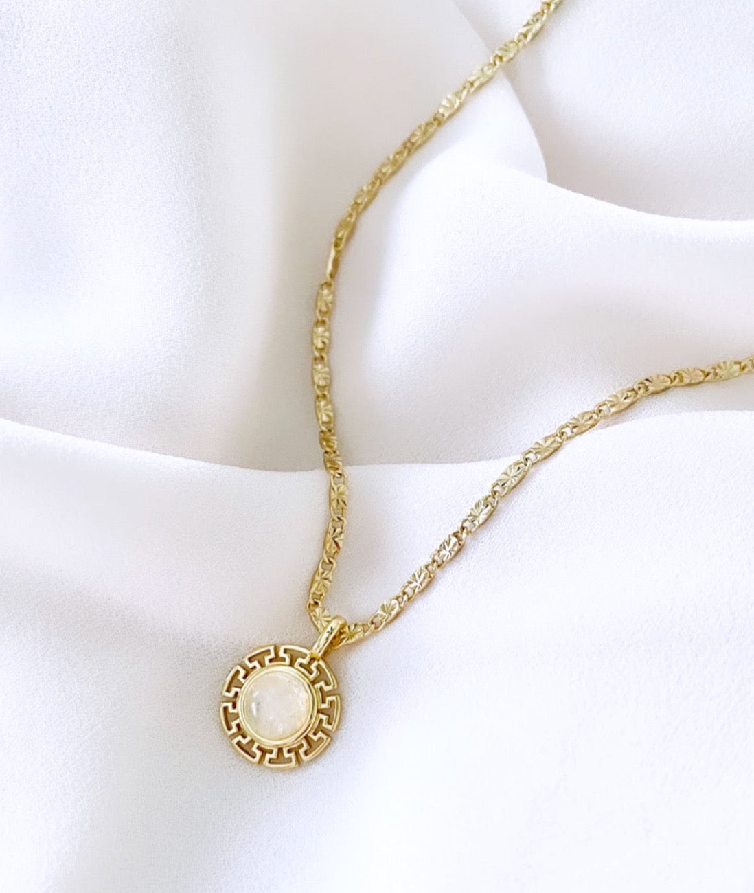 Dainty Moonstone Greek Key Medallion Necklace - Gold Filled – The Cord  Gallery