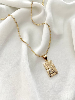 Gold Filled Etched Rectangle Medallion Necklace