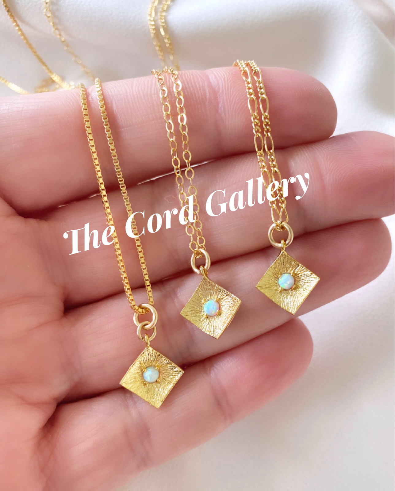 Dainty Opal Square Pendant Necklace Gold Filled Chain