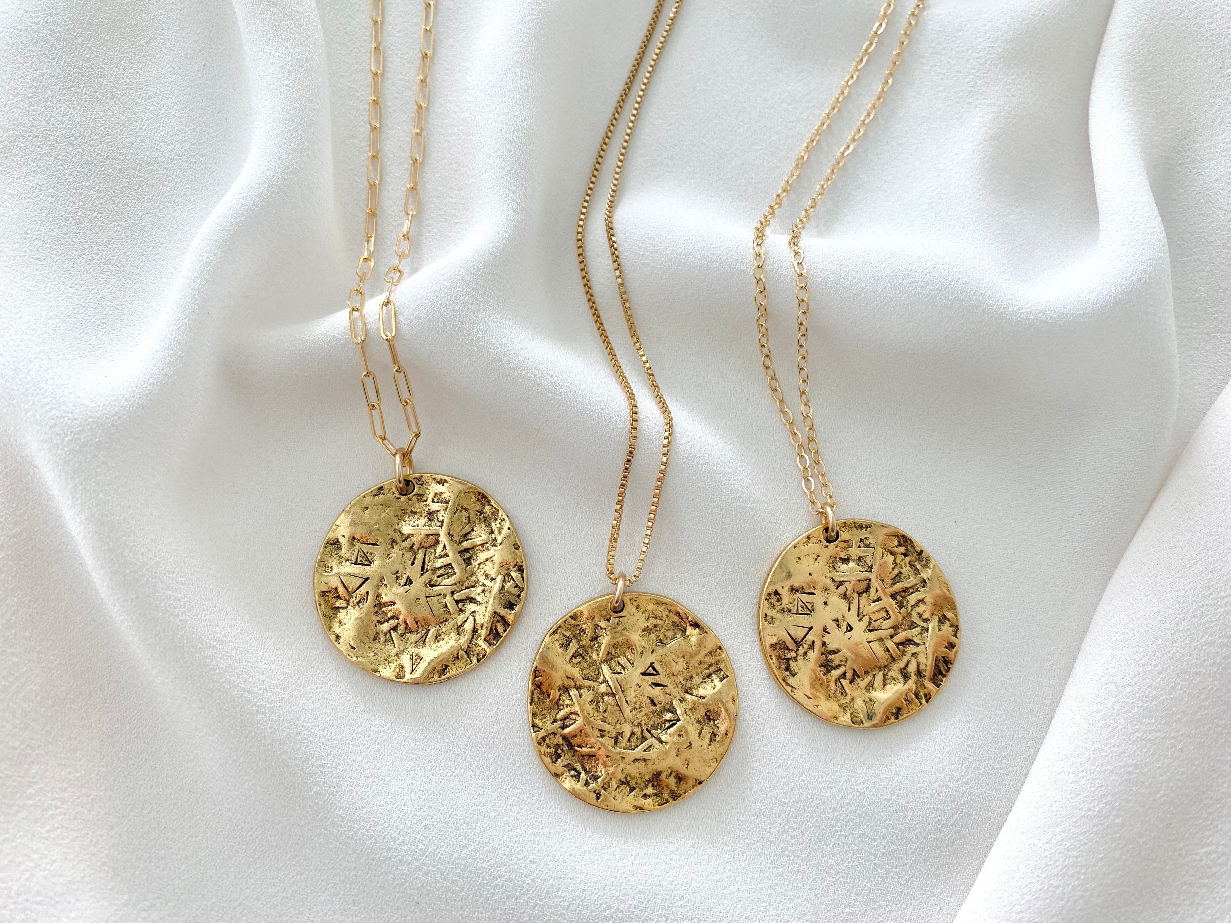 Gold Textured Coin Medallion Necklace - Gold Filled Chain