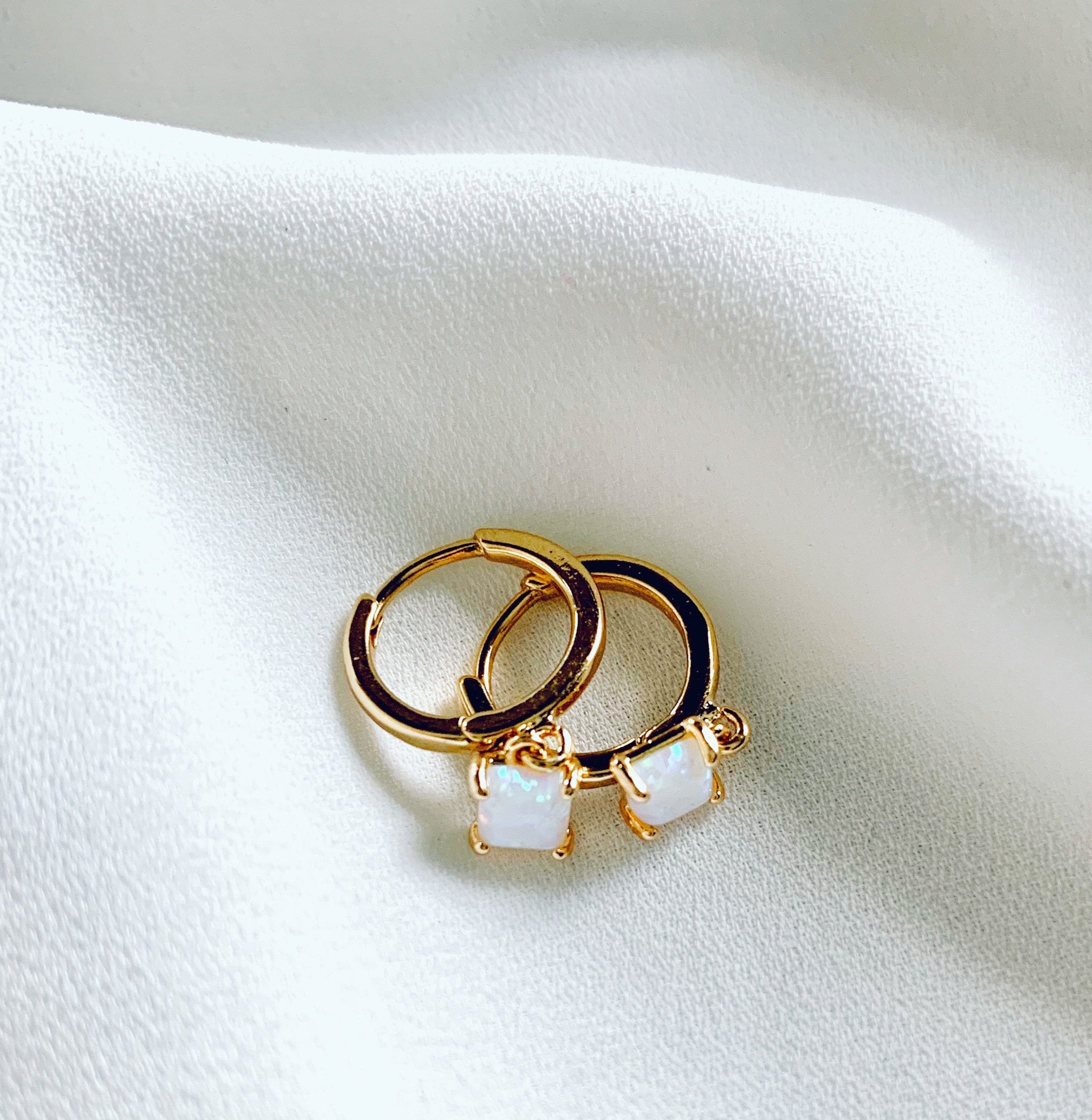 Tiny Opal Huggie Hoop Earrings Gold Filled