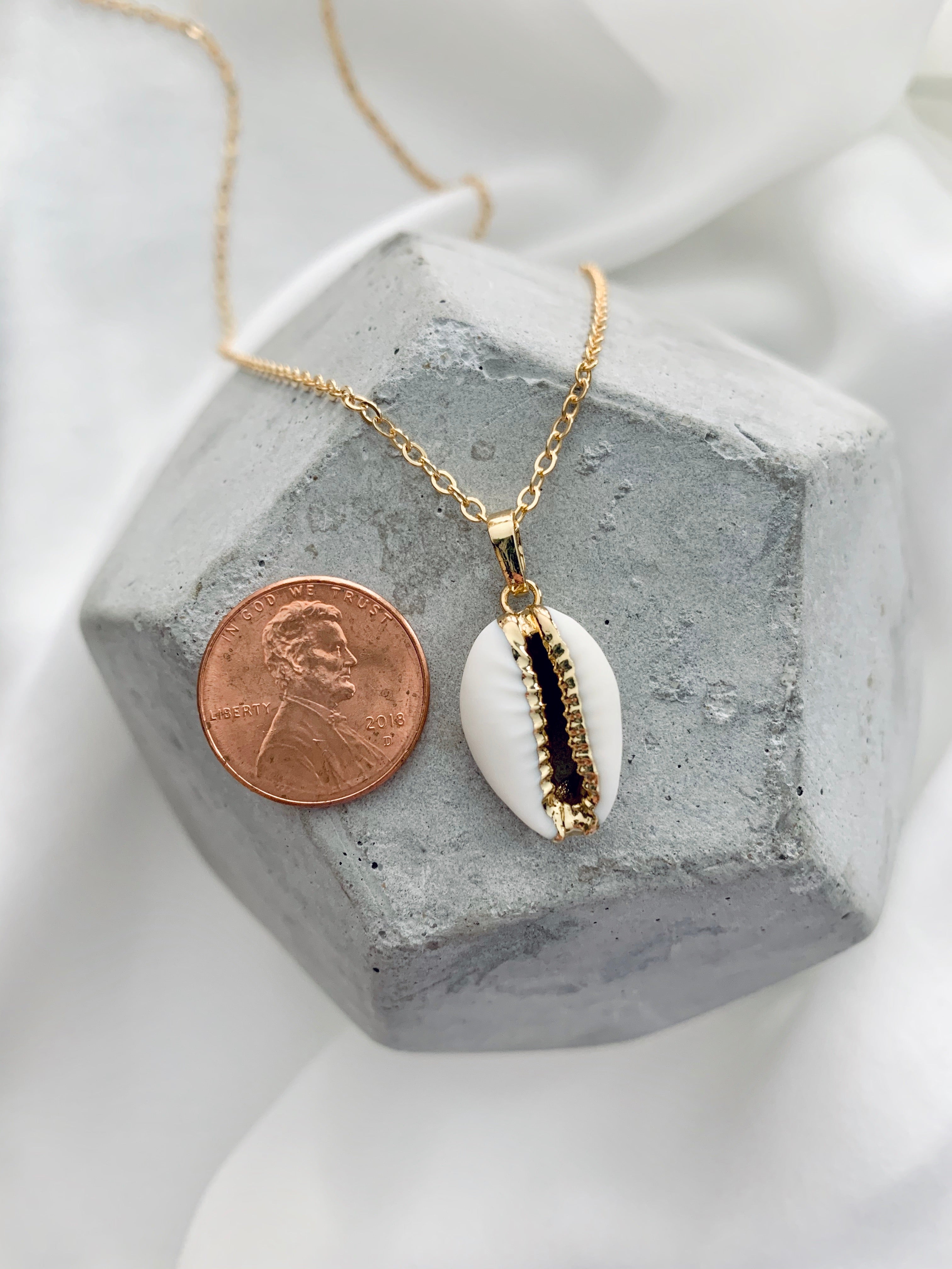 Genuine White Cowrie Shell Pendant Necklace - Gold Dipped