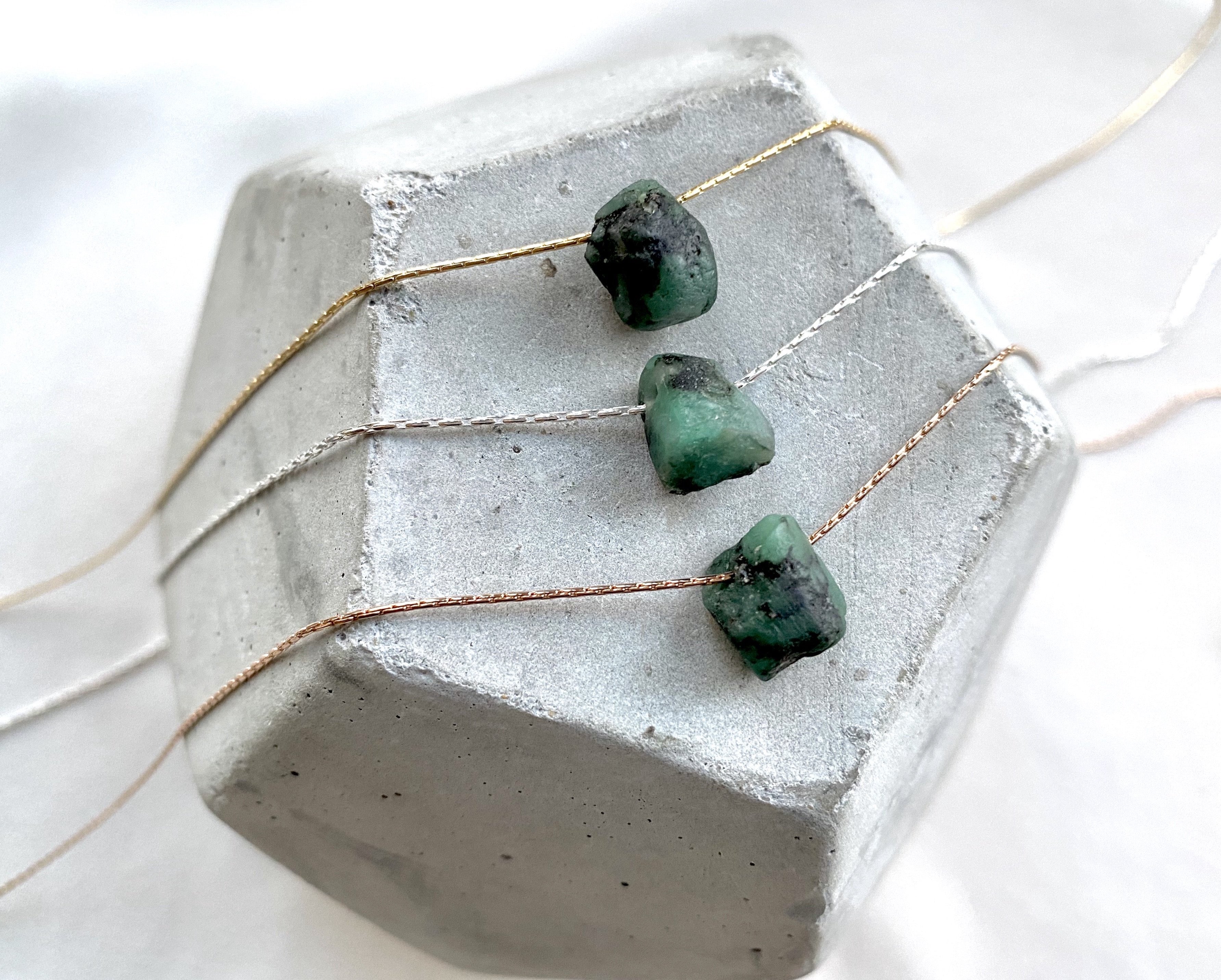 Raw Emerald Floating Pendant Necklace - May Birthstone