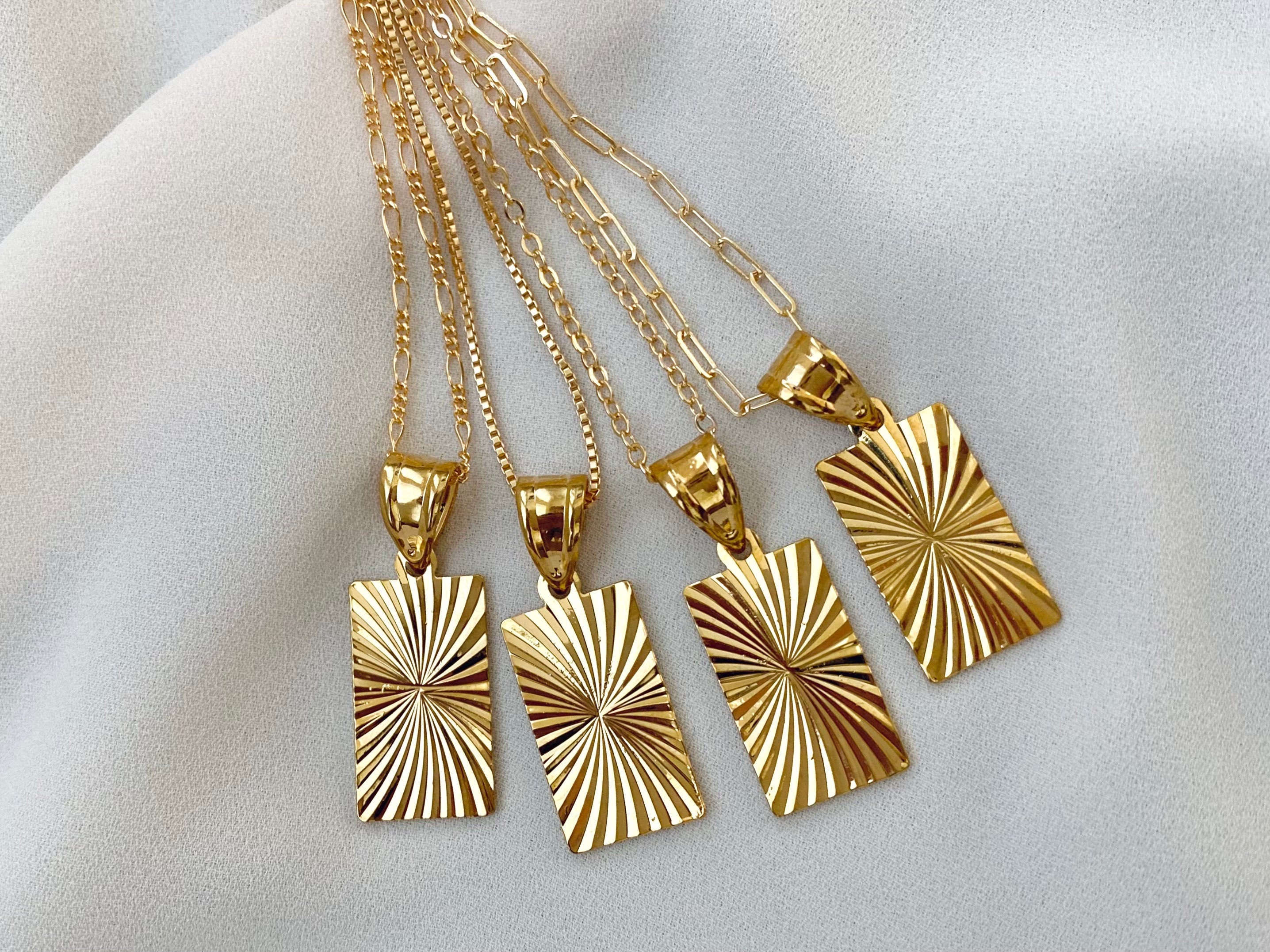 Gold Filled Starburst Rectangle Medallion Necklace - Sunburst