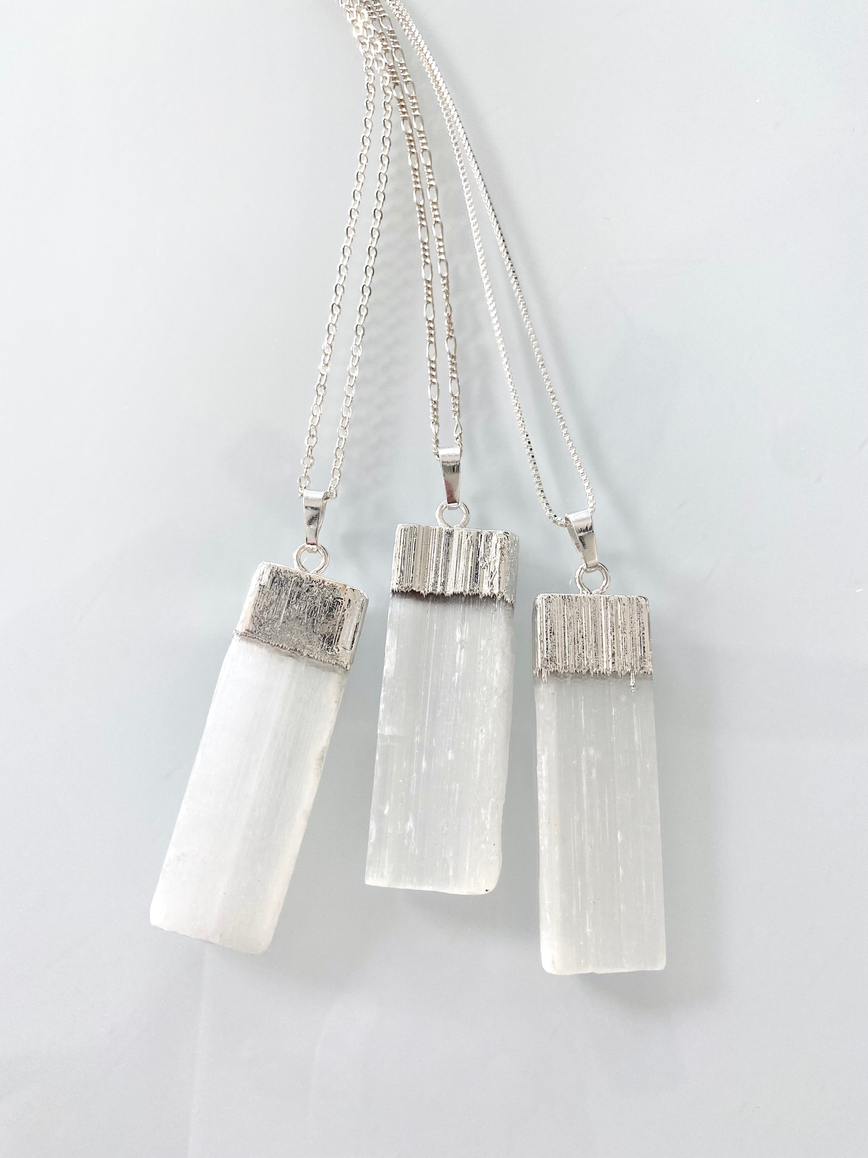 Raw Selenite Bar Pendant Necklace - Sterling Silver Chain
