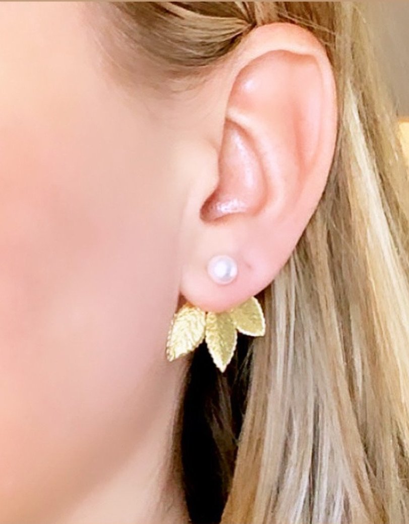 ALWAYS AN ANGEL - PEARL & ENAMELLED EAR JACKETS (GOLD & WHITE)