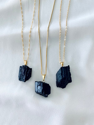 Chunky Raw Black Tourmaline Pendant Necklace - Gold Filled Chain
