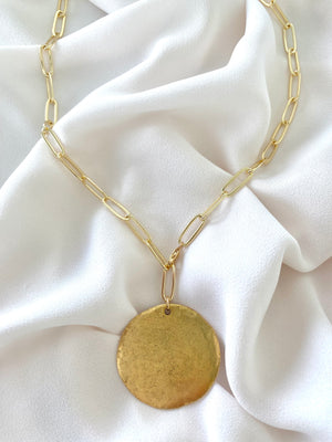 Gold Lariat Medallion Necklace - Gold Filled Paperclip Chain - Y Necklace
