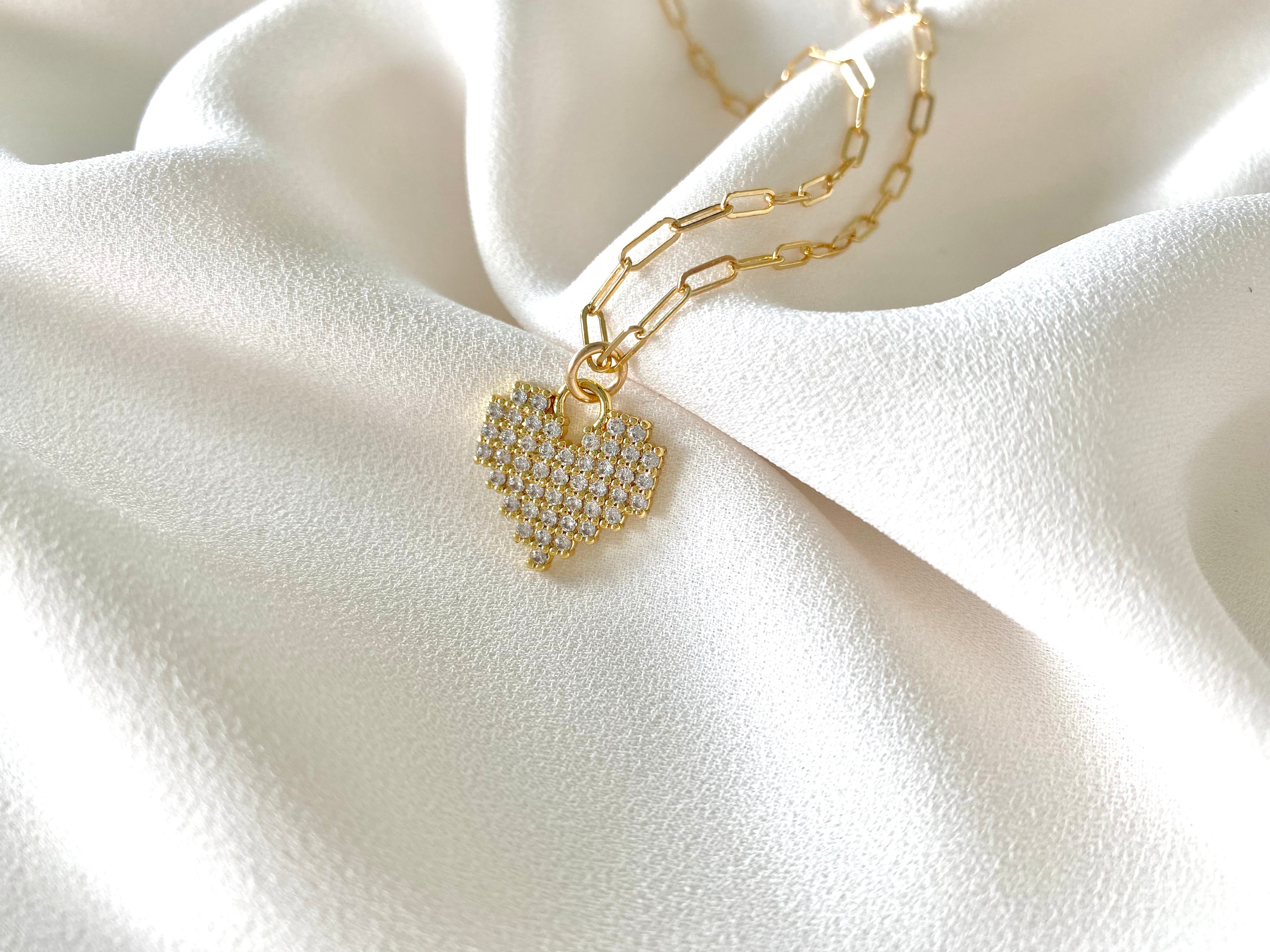 Gold Dainty Micro Pave Heart Pendant Necklace - Gold Filled Paperclip Chain - Pixel Heart