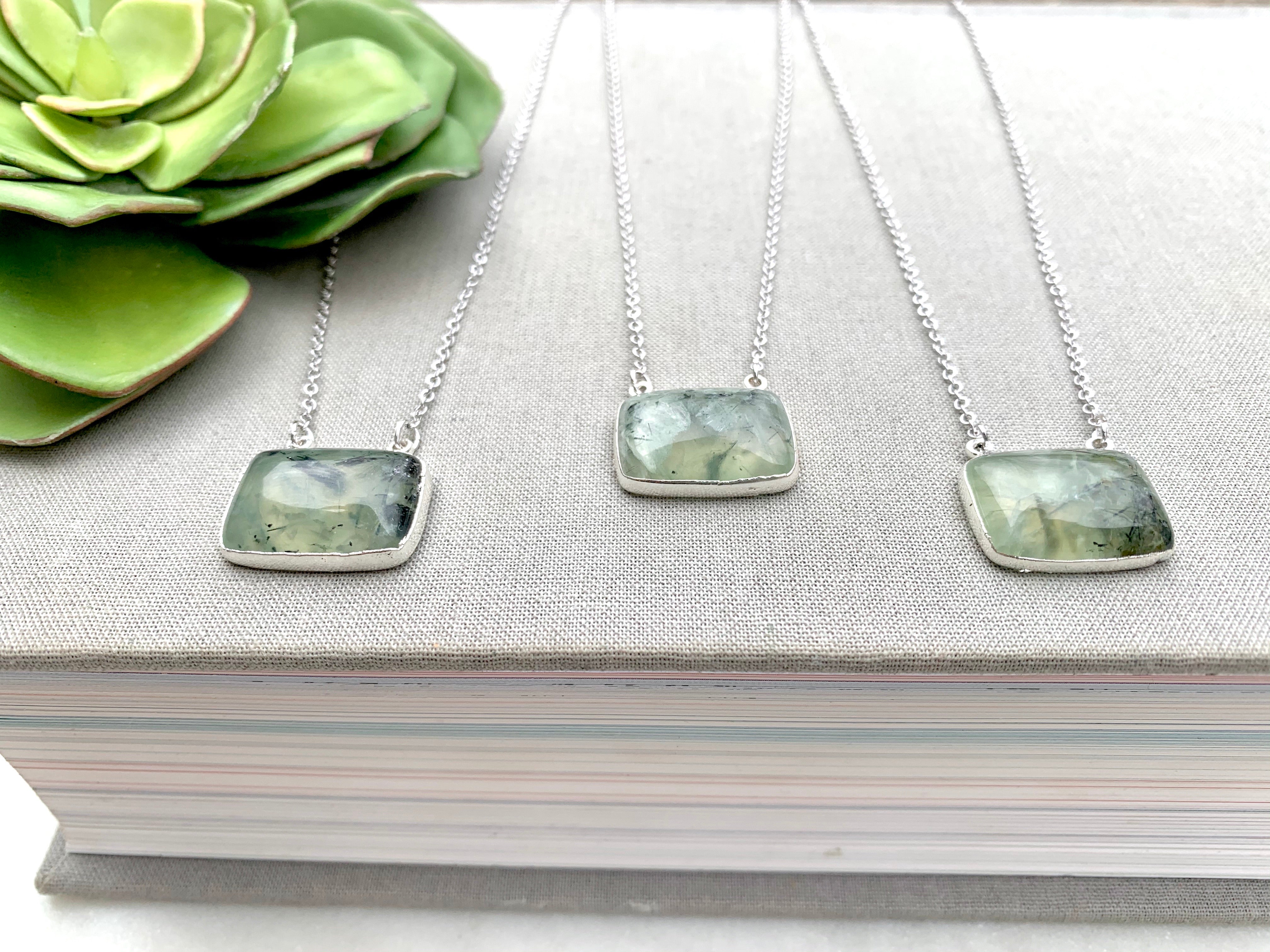Prehnite Square Pendant Necklace - Silver