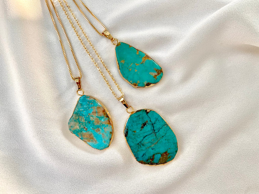 Raw Turquoise Pendant Necklace - Gold