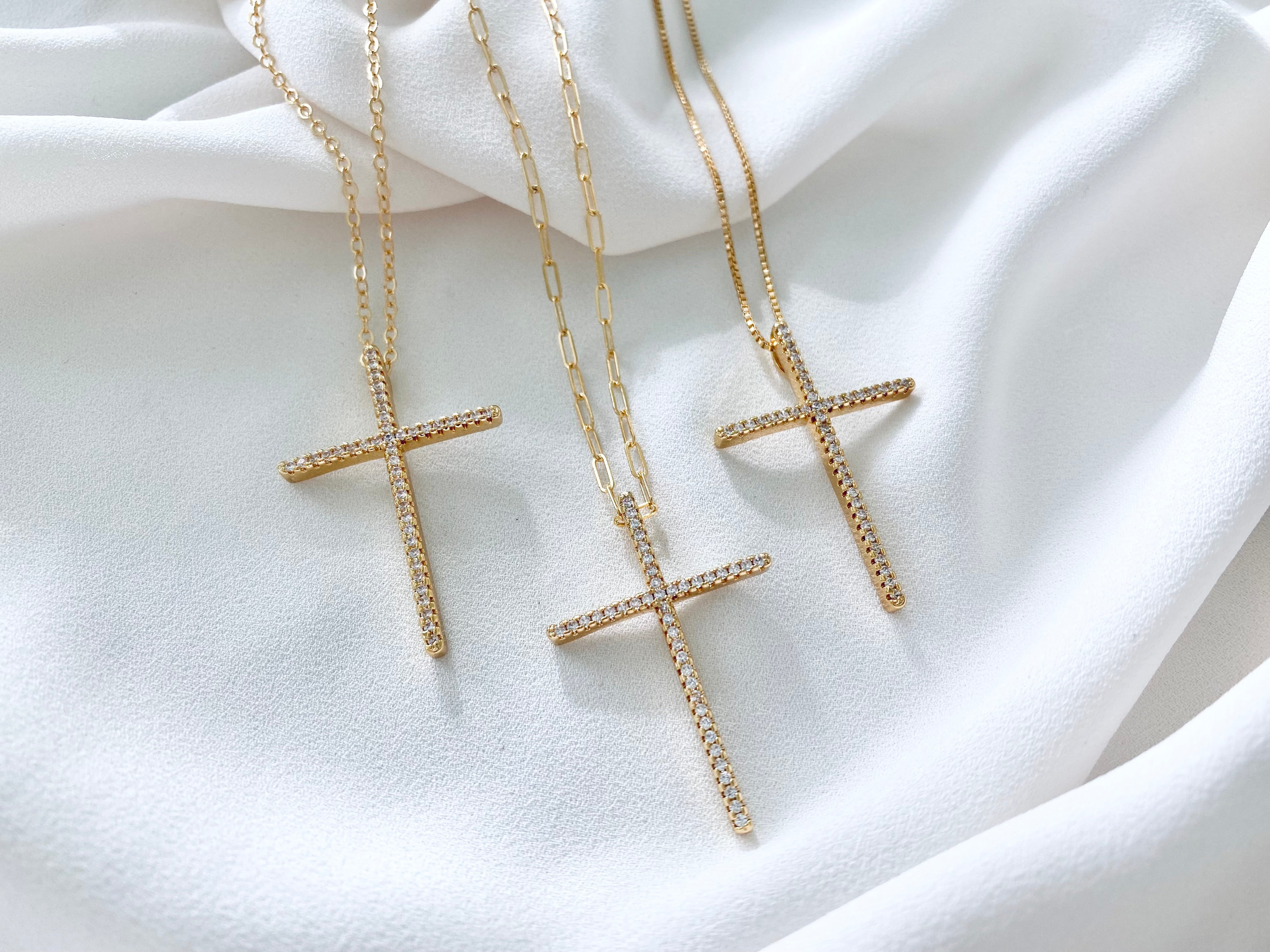 Large Pave Cross Pendant Necklace - Gold Filled Chain - CZ stones