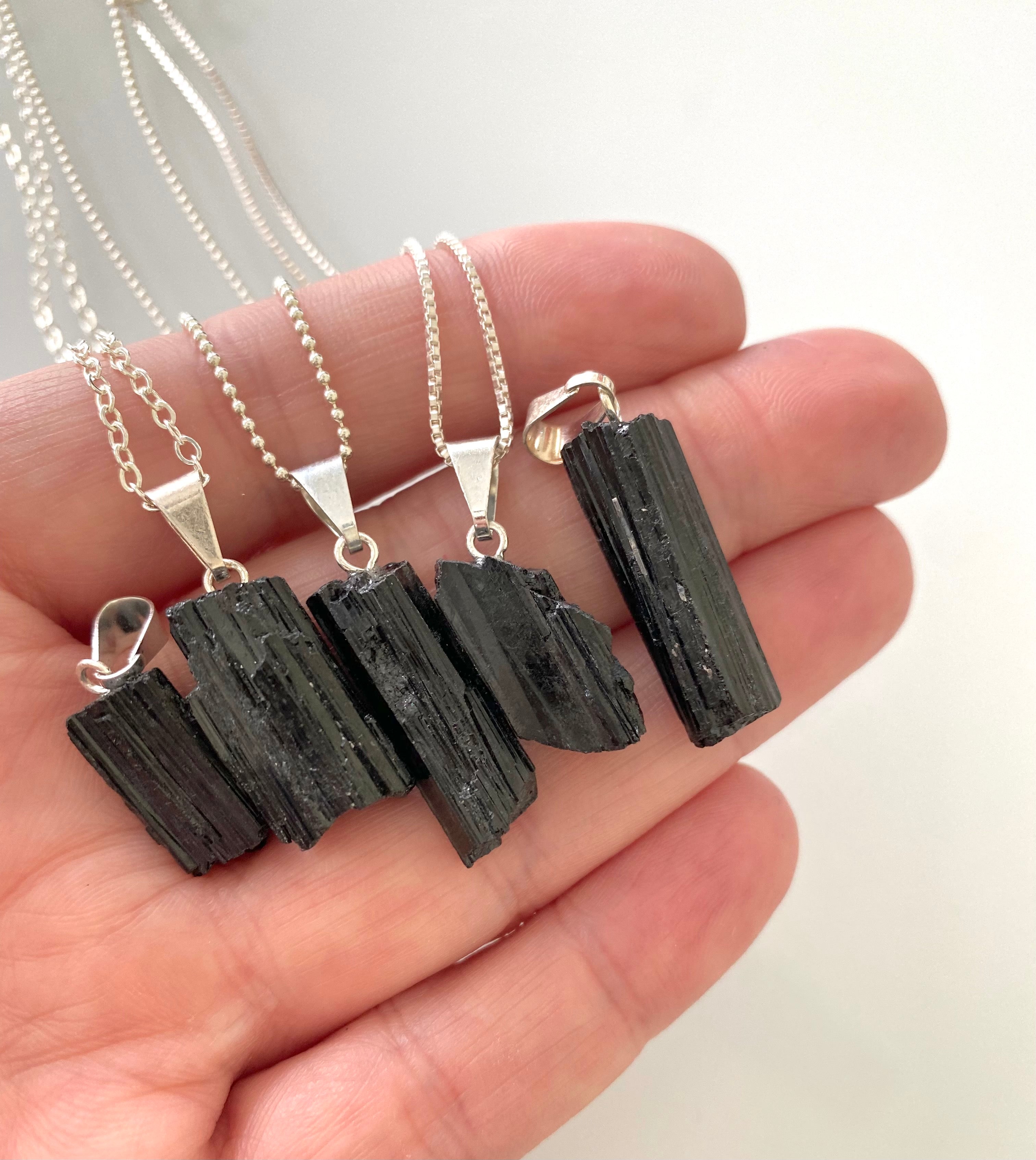 Raw Black Tourmaline Pendant Necklace - Sterling Silver Chain