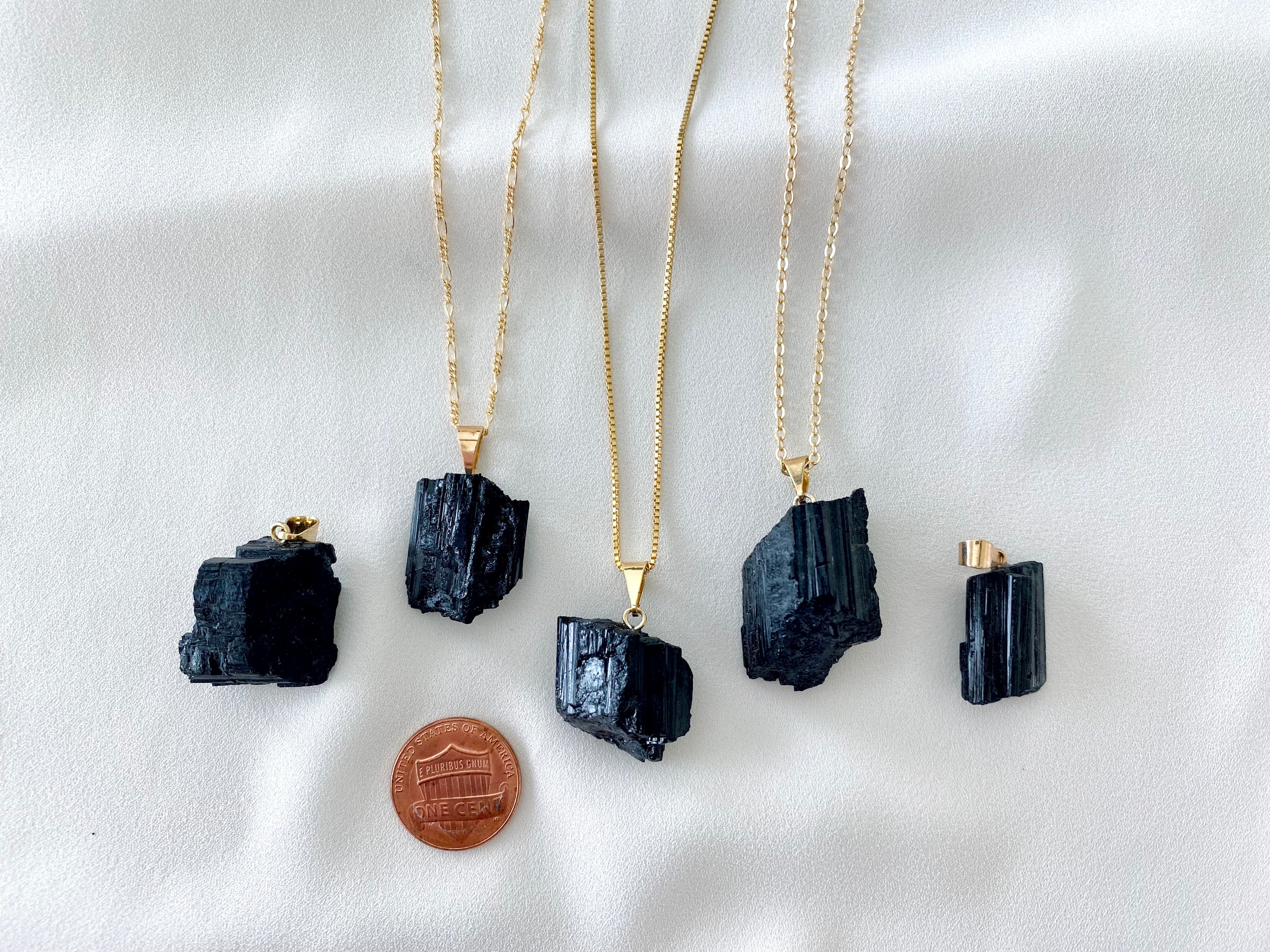 Chunky Raw Black Tourmaline Pendant Necklace - Gold Filled Chain