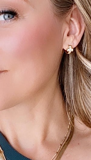 Gold Filled Micro Pave Cross Huggies Hoop Earrings - Leverback