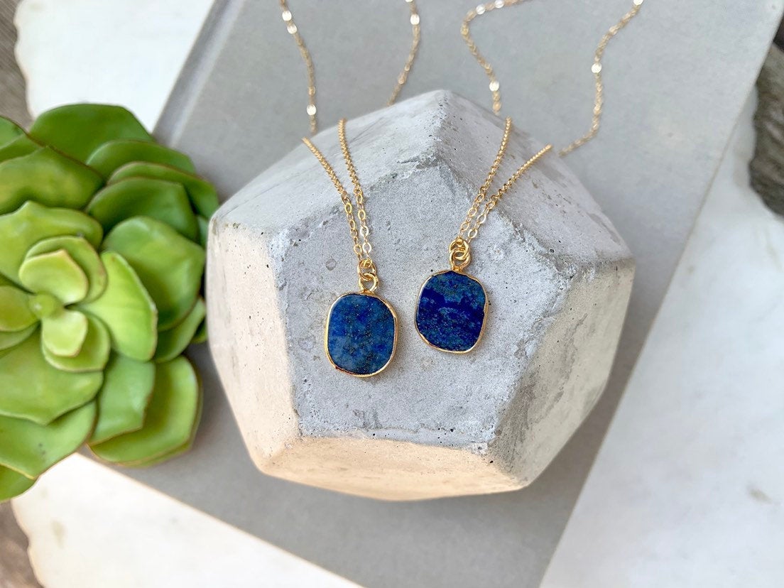 Genuine Lapis Lazuli Pendant Necklace - Gold - September Birthstone