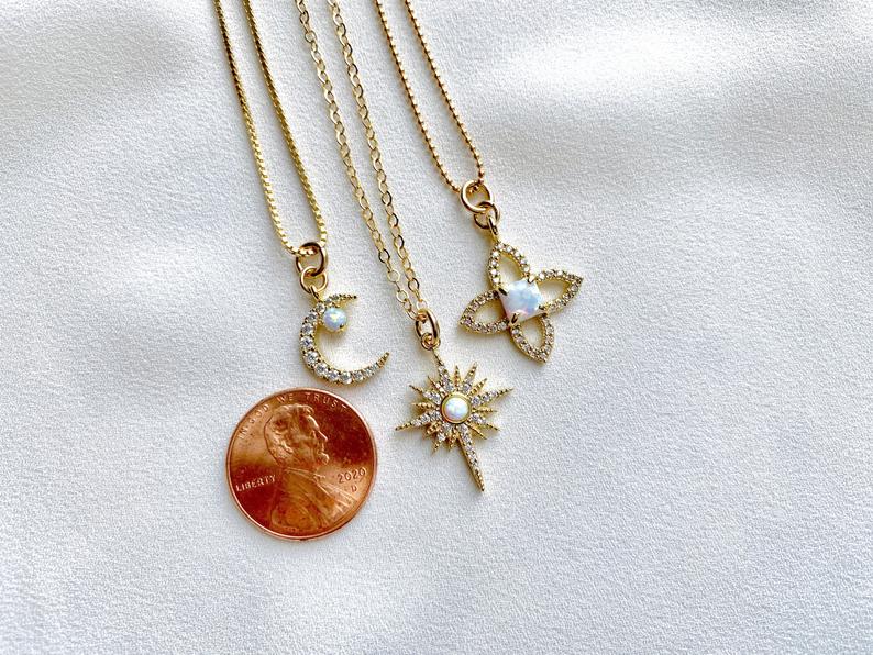 Dainty Opal Charm Necklaces - Crescent Moon - North Star - Flower