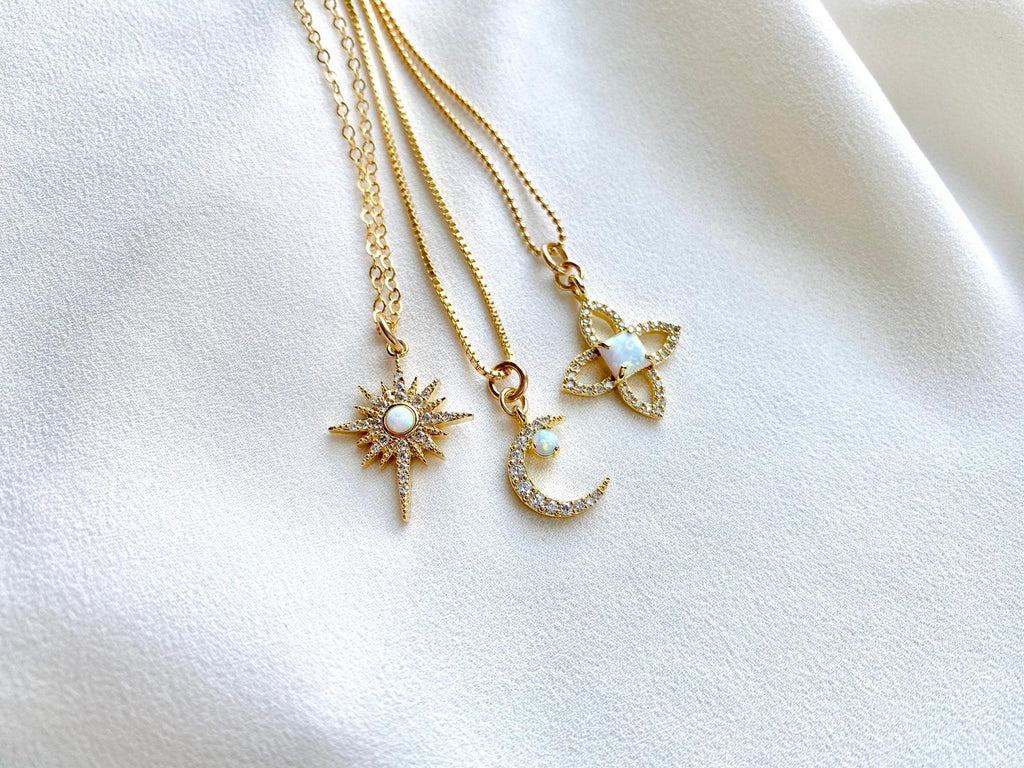 Dainty Opal Charm Necklaces - Crescent Moon - North Star - Flower