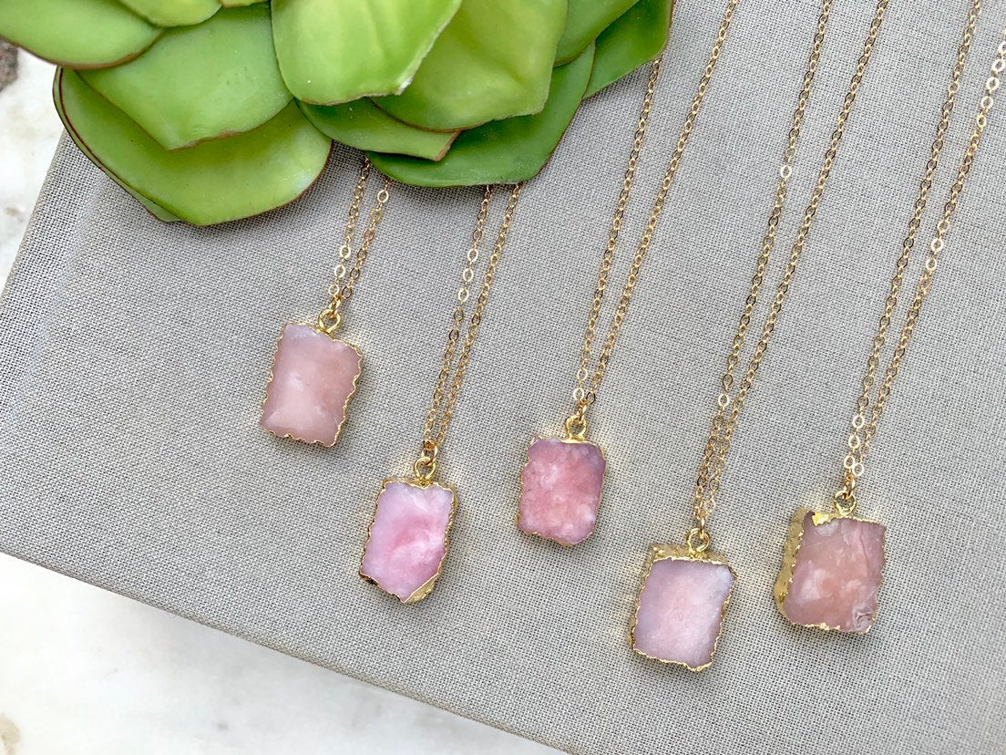 Genuine Pink Opal Pendant Necklace - Gold