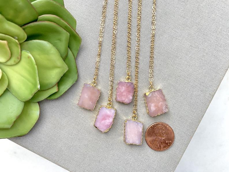 Genuine Pink Opal Pendant Necklace - Gold