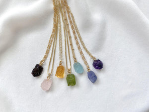 Raw Birthstone Gemstone Necklaces - Gold Filled Chain - Garnet Rose Quartz Citrine Peridot Aquamarine Tanzanite Amethyst - Raw Crystal Pendant Necklaces