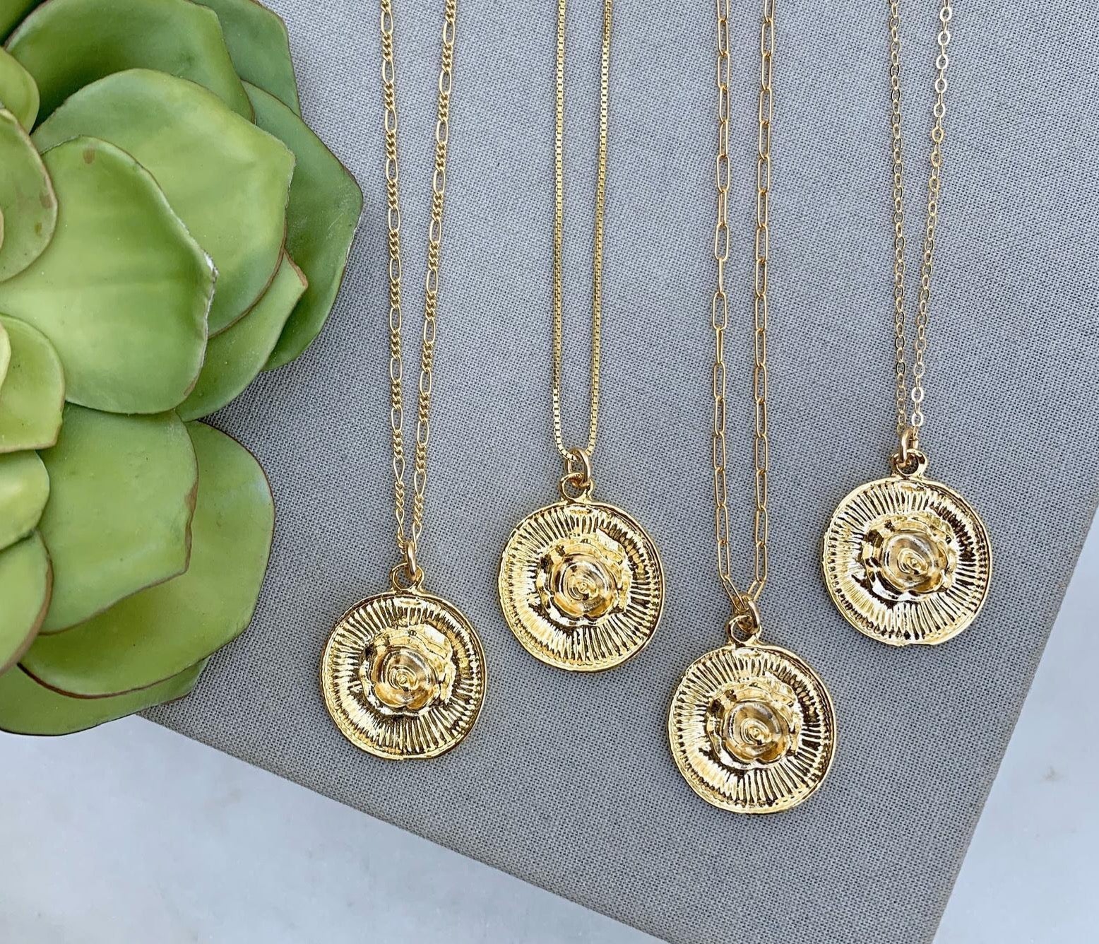 Gold 3D Rose Flower Medallion Necklace - Gold Filled Paperclip Box