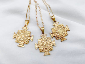 Gold Filled Cross Medallion Saint Necklace - St. Benedict Pendant