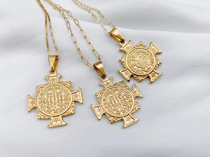 Gold Filled Cross Medallion Saint Necklace - St. Benedict Pendant