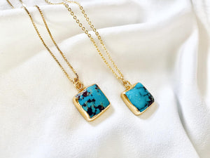 Genuine Turquoise Square Pendant Necklace - Gold