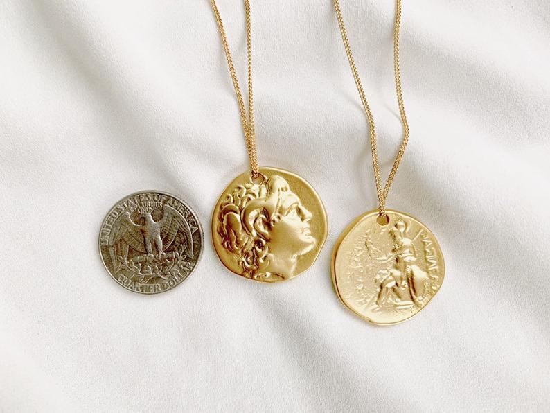Matte Gold Roman Coin Necklace - Gold Filled Curb Chain