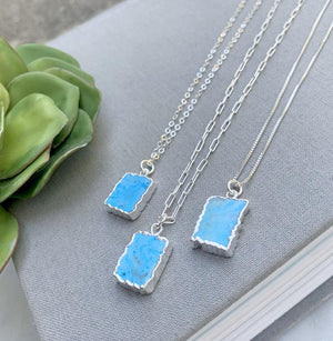 Genuine Turquoise Square Pendant Necklace - Silver