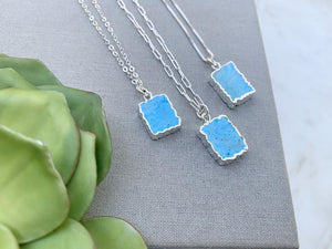 Genuine Turquoise Square Pendant Necklace - Silver